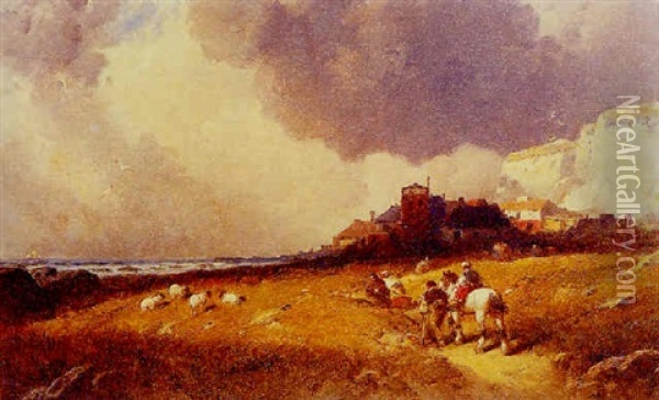 Landscape With Travelers And Sheep Oil Painting - George Washington Nicholson