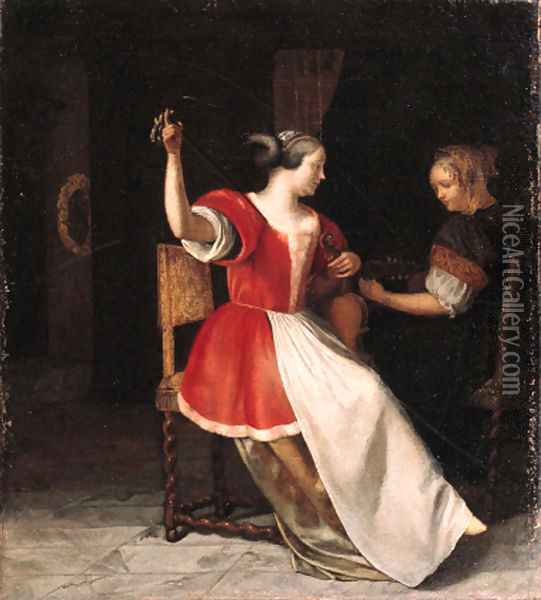 Women playing the lute and the violin in an interior Oil Painting - Jacob Ochtervelt