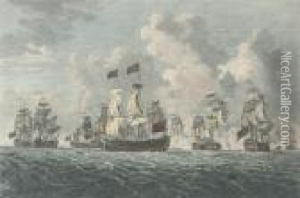 The Defeat Of A French Squadron 
Off Cape Lagos, 18 August, 1759 (illustrated); And The Glorious Action 
Off Cape Francois, 21 October, 1757 Oil Painting - Francis Swaine