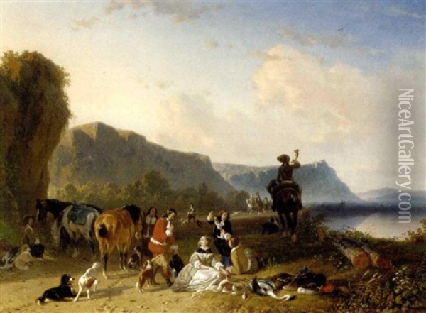 Ontspanning Na De Reigerjacht: An Elegant Hunting Party At Rest Oil Painting - Joseph Jodocus Moerenhout