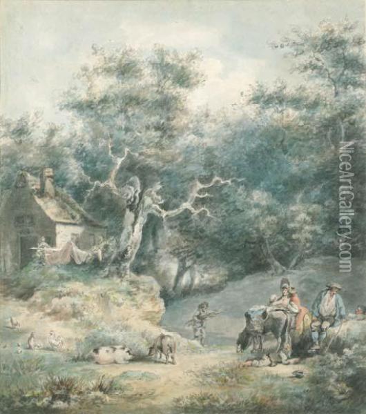 Peasants In A Wooded Landscape Oil Painting - Julius Caesar Ibbetson