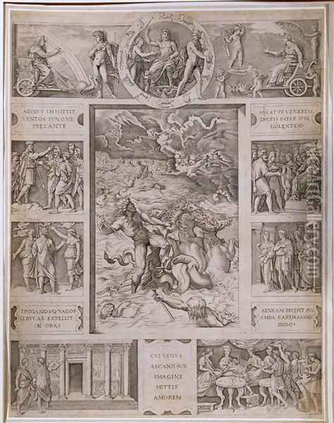 Quos Ego, Neptune Calming the Storm, with borders showing further scenes from Virgils Aeneid, engraved by Marcantonio Raimondi 1480-1534 c.1515-16 Oil Painting - Raphael (Raffaello Sanzio of Urbino)