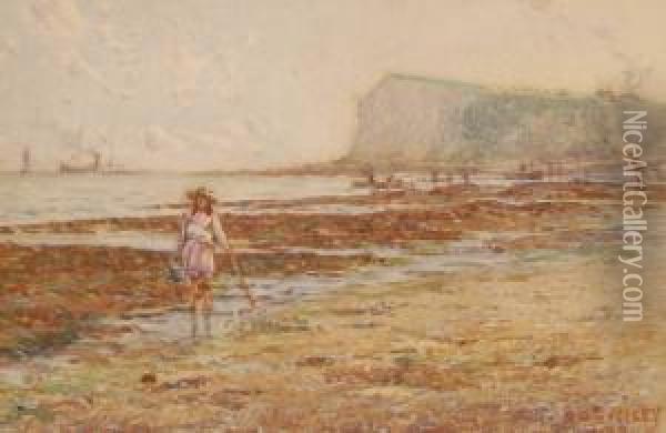 Girl On The Seashore At Low Tide Oil Painting - William Edward Riley