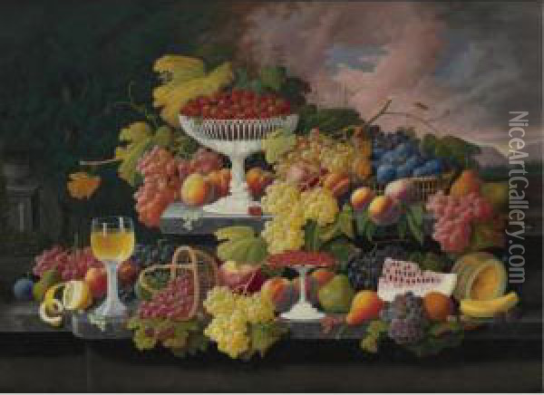 Still Life With Fruit In A Landscape Oil Painting - Severin Roesen