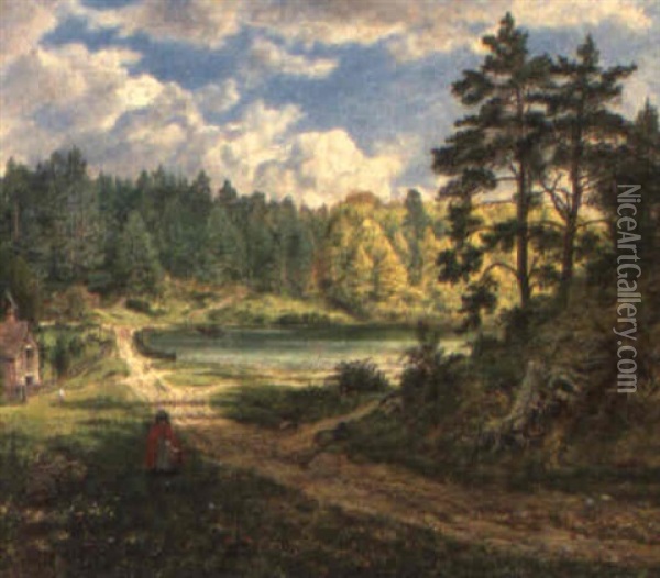 A Wooded Landscape With Figures By A Lake Oil Painting - George William Mote