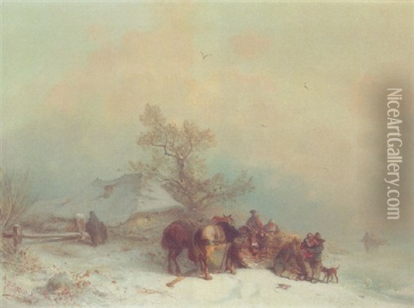 A Winter Landscape With Figures By A Horse-drawn Sledge Oil Painting - Carl Hilgers