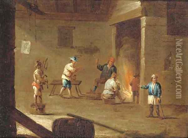 Figures in an interior smoking and drinking by a fire, with another figure playing the doodle-sack Oil Painting - David The Younger Teniers