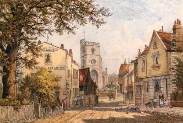 Putney Church; And Lower Richmond Road Looking Toward Putneychurch Oil Painting - W.A. Nicholls