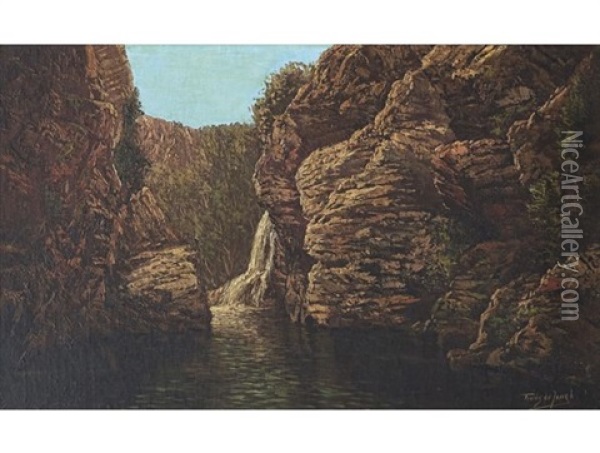 Kaaimans Gat Waterfall Oil Painting - Tinus de Jongh