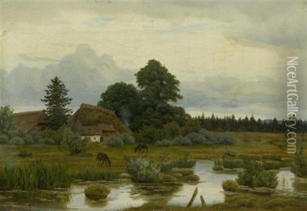 Bauernhof Mit Pferden Am Teich Oil Painting - Anton Zwengauer the Elder