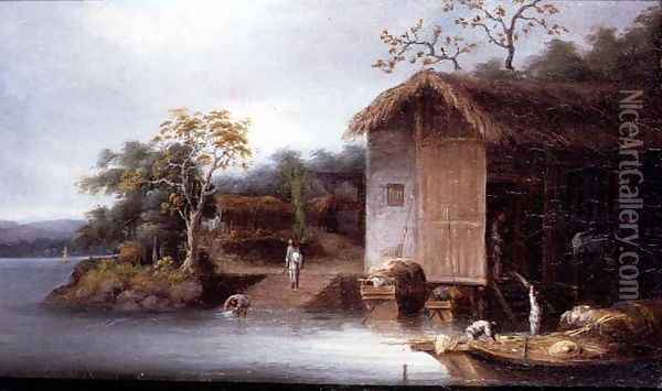 Fishermen before Riverside Houses in Indo-China Oil Painting - George Chinnery