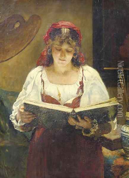 An Italian beauty looking at an album Oil Painting - Pieter Oyens
