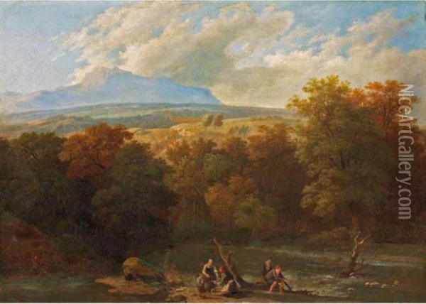 River Landscape With Anglers Oil Painting - Wolfgang-Adam Toepffer