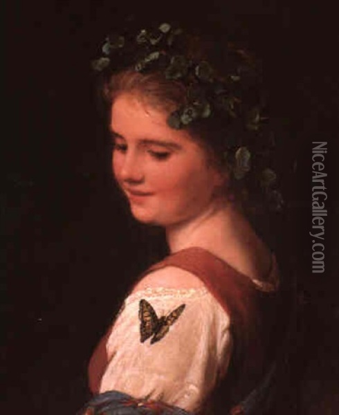 Young Woman And Butterfly Oil Painting - Johann Georg Meyer von Bremen