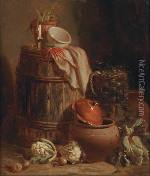 Still Life With Barrel, Basket, Jugs, And Vegetables Oil Painting - William Hughes
