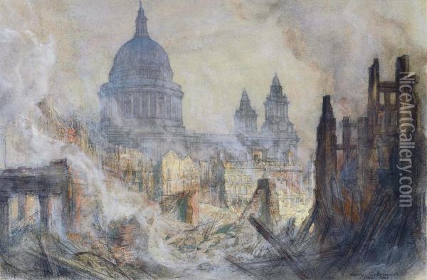 The Aftermath Of The Blitz, St. Paul's Cathedral Oil Painting - Henry Charles Brewer