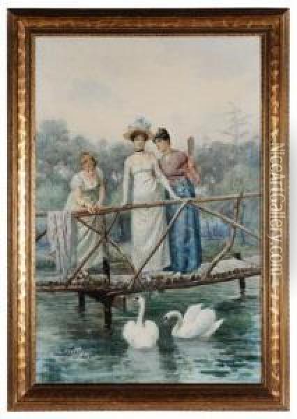 Feeding The Swans Oil Painting - Mario Spinetti