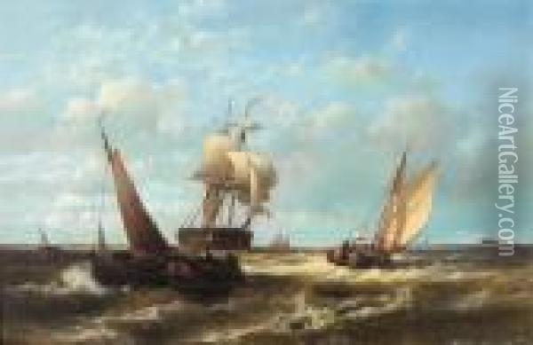 Barges And Small Traders In A Stiff Breezeoffshore Oil Painting - Abraham Hulk Jun.