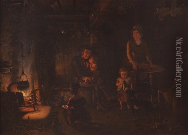 A Cottage Interior With A Family Oil Painting - Edwin Cockburn