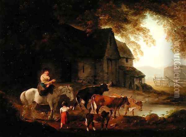 Herding Cattle Oil Painting - Julius Caesar Ibbetson