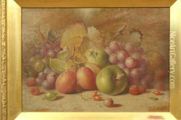 Still Life, Apples, Plums, Grapes And Raspberries Oil Painting - Charles Archer
