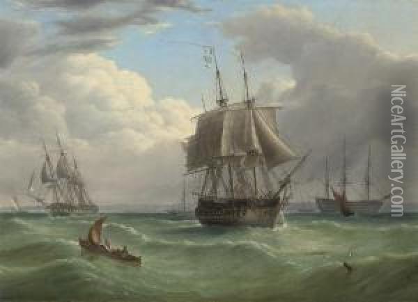 Two Large Frigates Running Into Spithead With A Flagship Of The Blue Anchored Beyond Oil Painting - Joseph Walter