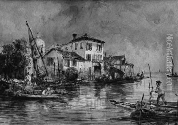 Figures In Fishing Boats On A Venetian Canal Oil Painting - Thomas Bush Hardy