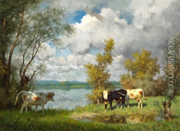 Kuhe Am See Oil Painting - Julius Hugo Bergmann