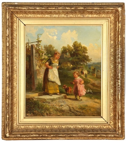 Woman And Child In A Village Landscape Oil Painting - Bernhard Muehlig