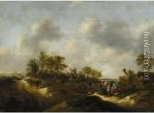 A Dune Landscape With Figures Resting Before A Cottage, A Church Beyond Oil Painting - Claes Molenaar (see Molenaer)