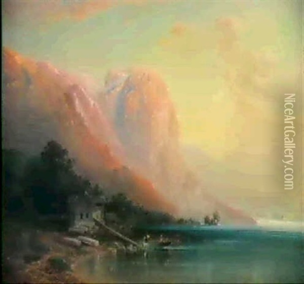 Kahn Am Ufer Eines Gebirgssees Oil Painting - Johann Baptist Stiglmaier