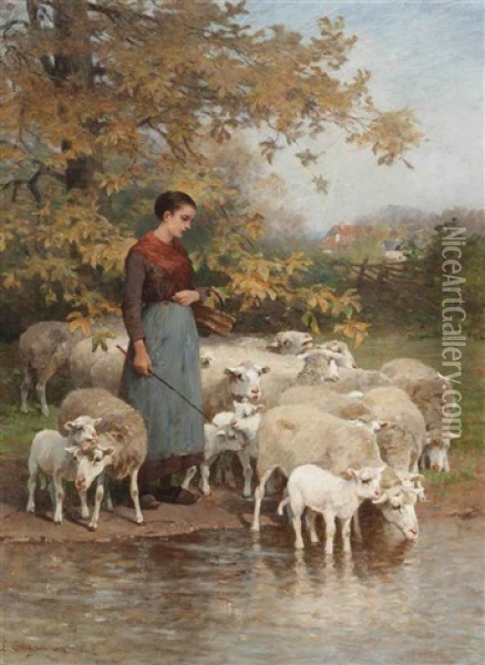 A Shepherdess Watering Her Flock Oil Painting - Luigi Chialiva