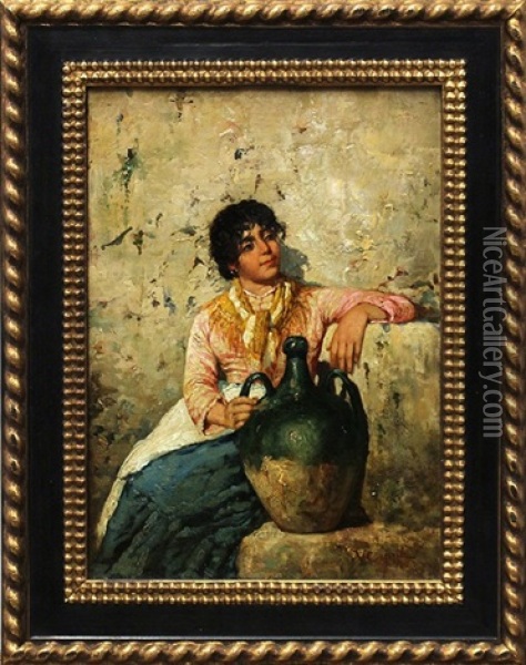 Young Girl In Repose With A Jug Oil Painting - Vincenzo Caprile