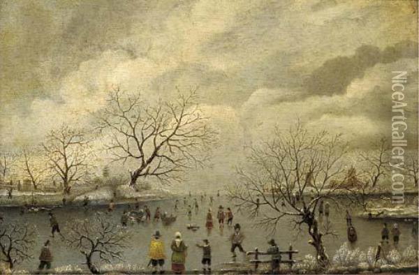 Figures Skating In A Winter Landscape Oil Painting - Antoni Verstralen (van Stralen)