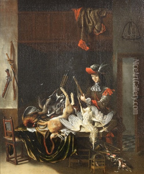 A Huntsman With His Spoils In An Interior Oil Painting - Jacobus Biltius