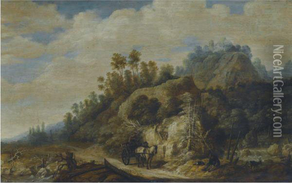 A Mountainous Landscape With Figures Walking Along A Path With A Horse And Cart Oil Painting - Joachim Govertsz. Camphuysen