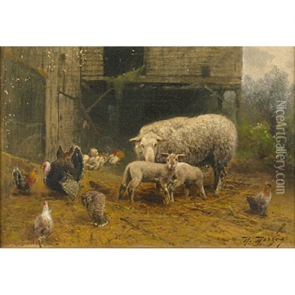 Sheep And Chicken In A Barnyard Oil Painting - Hermann Herzog