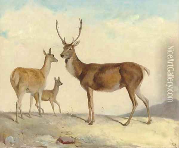 The hart Samson, the hind Delilah and the calf Judith, in a highland landscape Oil Painting - Richard Ansdell