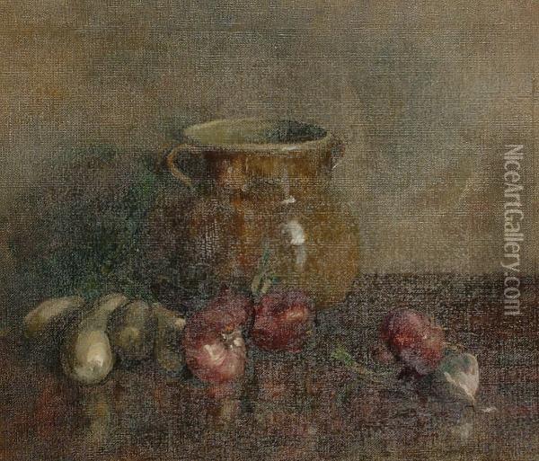 Still Life With Onions And Garlic Oil Painting - Gwendoline Mary Hopton