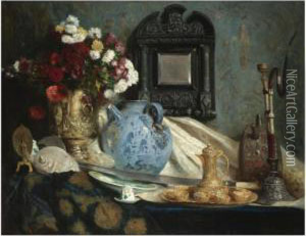 Still Life With Coffee Service And Hookah Oil Painting - Fernand-Anne Piestre Cormon