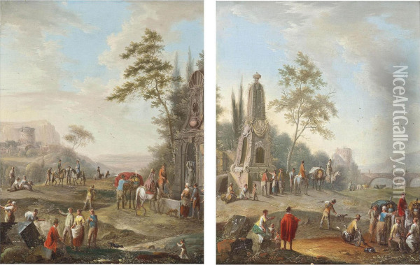A Landscape With Travellers Conversing Near A Classical Monument, A Bridge Beyond; A Landscape With Travellers Watering Their Horses At A Classical Fountain, A Ruined Castle Beyond Oil Painting - Franz Ferg