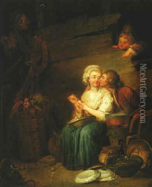 An Amorous Couple In A Kitchen Interior With An Old Woman And A Child Looking On Oil Painting - Jean-Baptiste Charpentier the Elder