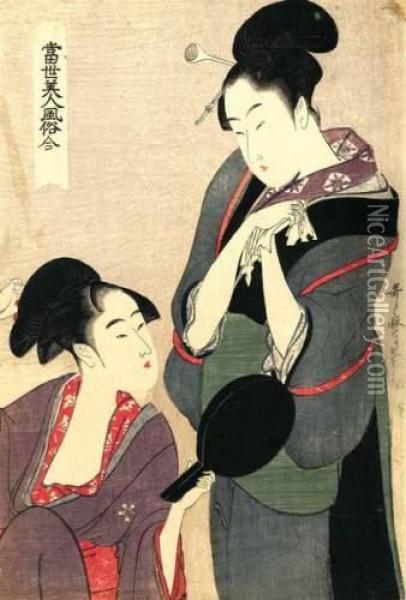 Coiffeuse Debout Se Frottant Les Mains Avec Un Mouchoir Oil Painting - Kitagawa Utamaro