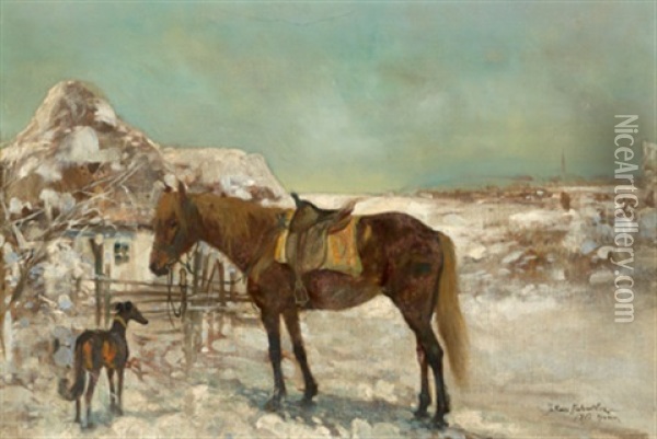 Rastendes Pferd Und Hund Vor Einem Bauernhaus Oil Painting - Julius Holzmueller