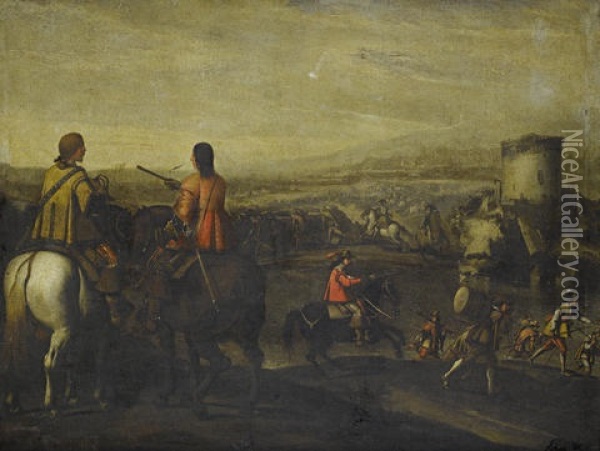 Mounted Officers With A Cavalry Skirmish In The Distance Oil Painting - Aniello Falcone