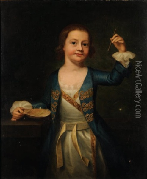 Boy In Blue Blowing Bubbles Oil Painting - Robert Byng