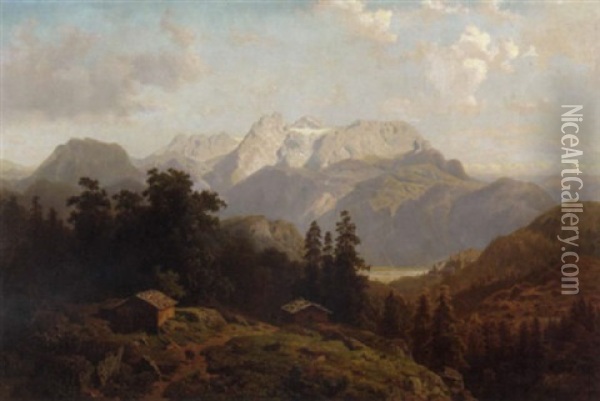 An Alpine Landscape With Wooden Cabins And Cows On A Path In The Foreground Oil Painting - Ernst Von Raven