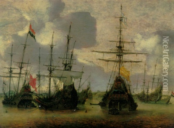 Dutch Men-o-war Anchored Off The Coast Oil Painting - Hendrick Van Anthonissen