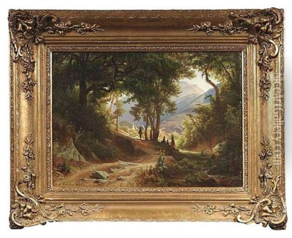 Ausblick Aus Einem Schattigen Wald Auf Eine Sonnenbescheinene Berglandschaft Oil Painting - August Friedrich Kessler