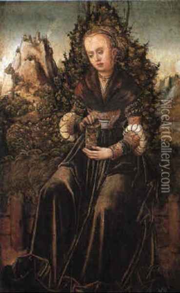 St. Mary Magdalen Seated On A Grassy Verge In A Mountainous Landscape Oil Painting - Lucas Cranach the Younger
